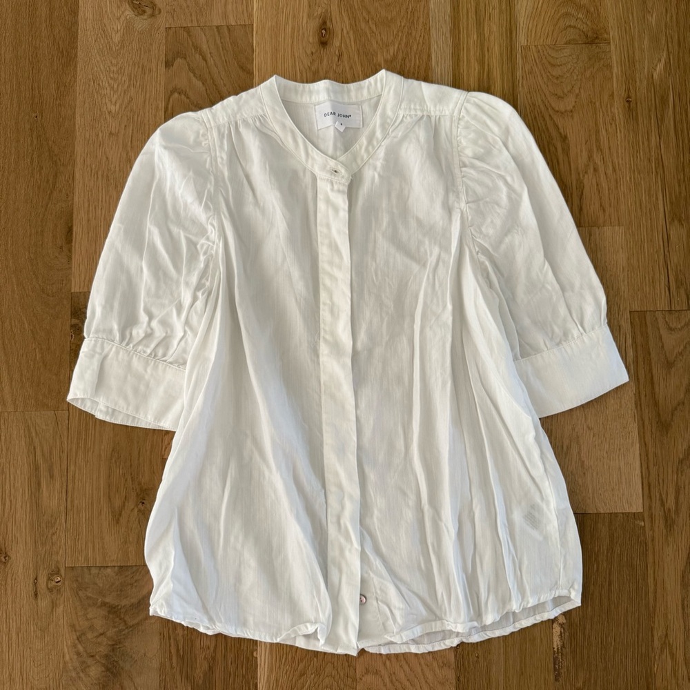 Dear John Women’s White Button Up Puff Sleeve Blouse Size Small